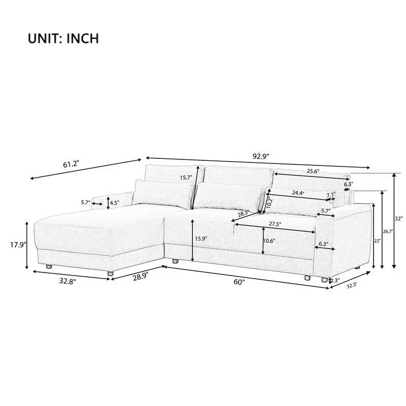 92.9W L-shaped Modular Sectional Sofa with Cushions and 3 Pillows