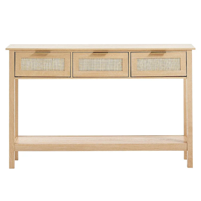 Rattan Console Table with Storage Drawers, Rattan Entryway Table with Natural Rattan Sliding Door, Console Sofa Table