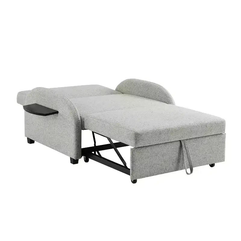 Twin Woven Polyester Fabric Black Wood Frame and Tray Table Convertible Bed Gray: Multifunctional Design, Easy Mobility