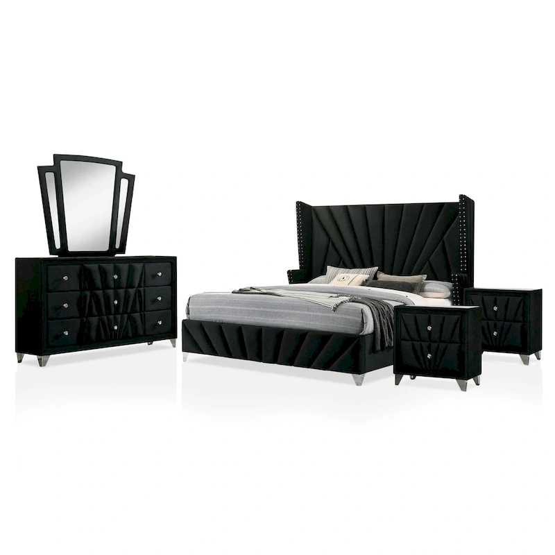 Ambrosia Glam Black Fabric Upholstered Nailhead 5-Piece Panel Bedroom Set by Furniture of America