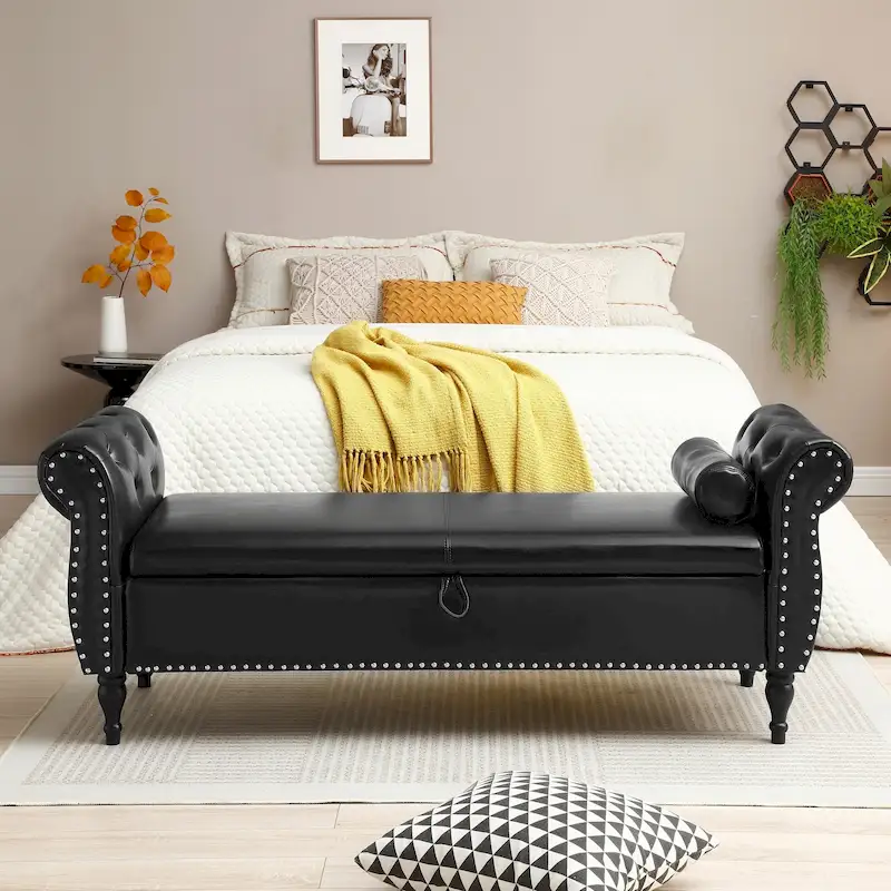 63 PU Upholstered End of Bed Bench with Flip Top Storage and Nailhead Trim