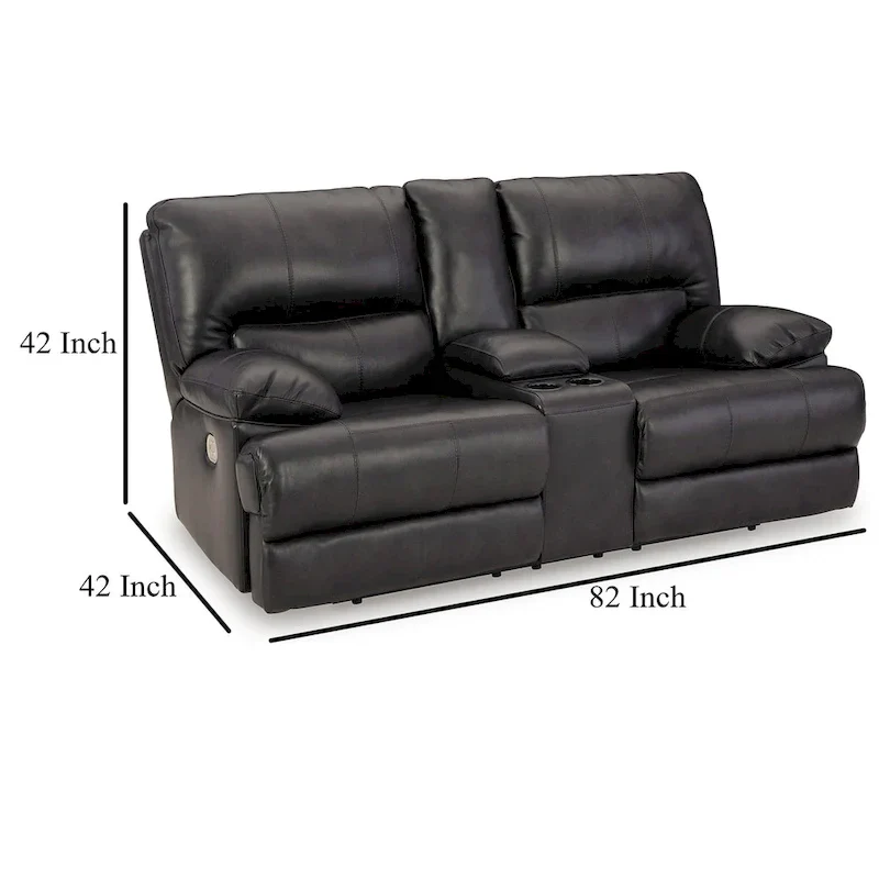 Monto Power Recliner Loveseat, Black Leather, Cupholders, 82 Inch