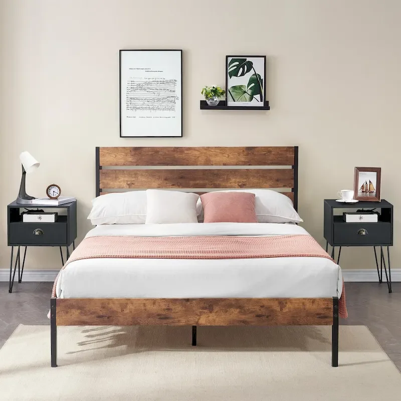 Taomika 3-Pieces Industrial Bed and Modern Square Nightstands Set