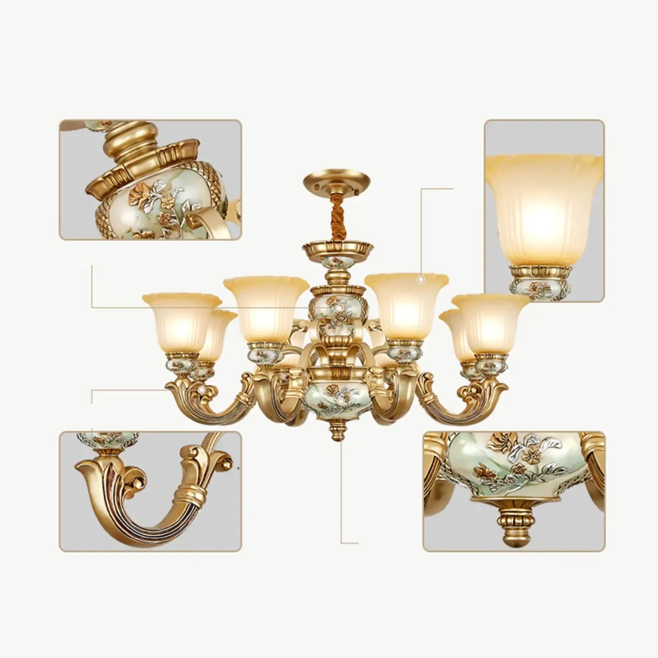 Antique Gold Ceramic Chandelier with Frosted Glass Bell Shape