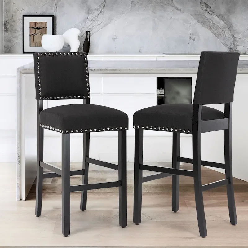 28 Inches Fabric Barstools Upholstered Bar stools Pub Chairs with Back and Silver Nailhead Trim Set of 2