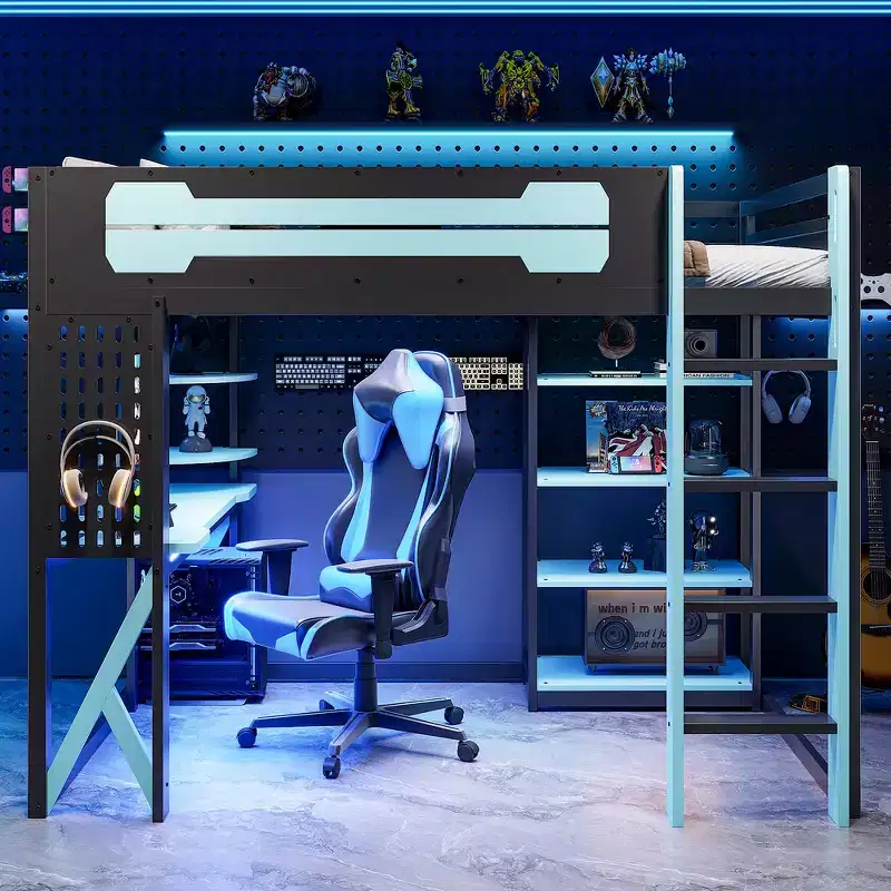 Full Size Loft Bed with Desk & Shelves – Black & Blue / Black & Green / Black & Red, 1-Person