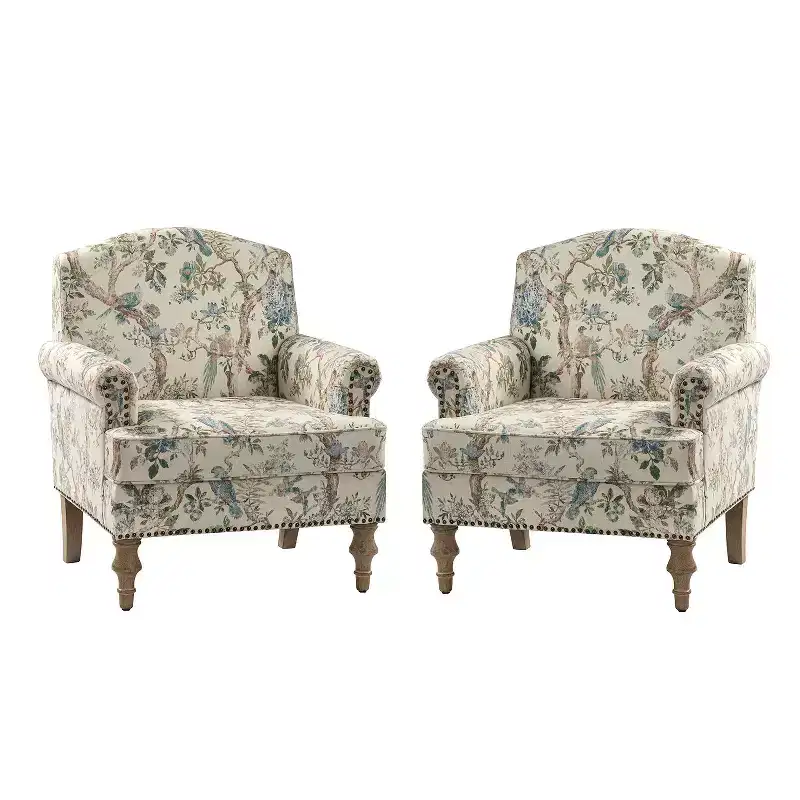 Set of 2 Yahweh Transitional Wooden Upholstered Armchair with Panel Arms and Camelback for Bedroom| ART OF LIVING DESIGNS