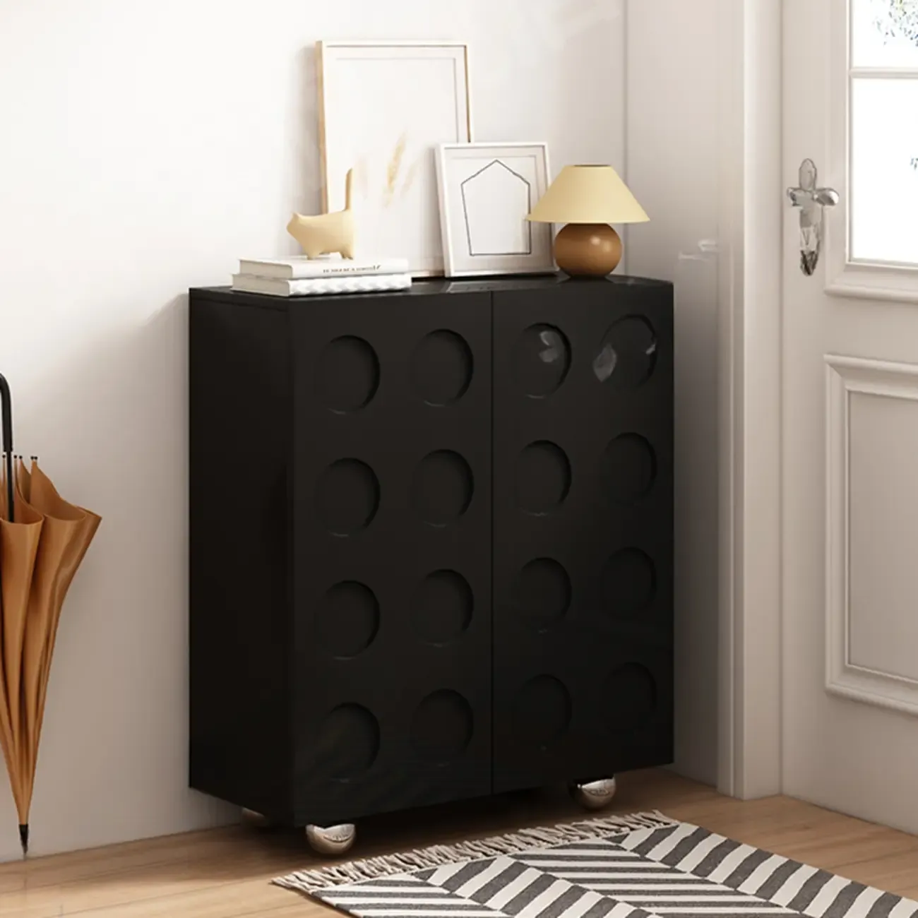 Hallway Black Engineered Wood Shoe Cabinet on Wheels