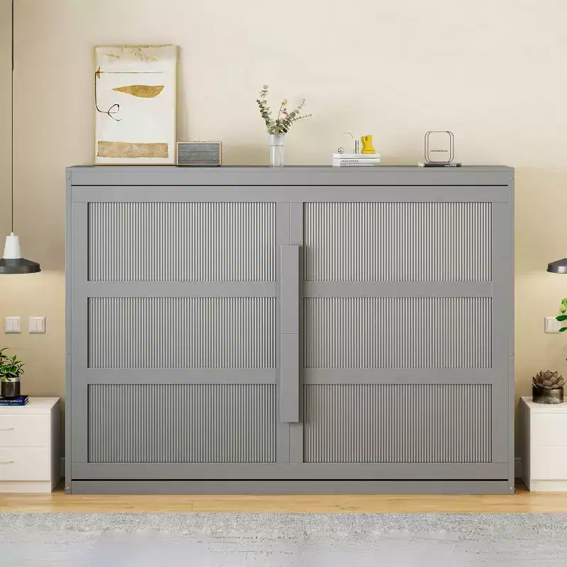 Queen Size Murphy Bed Wall Bed with LED Lights, White/Gray-ModernLuxe
