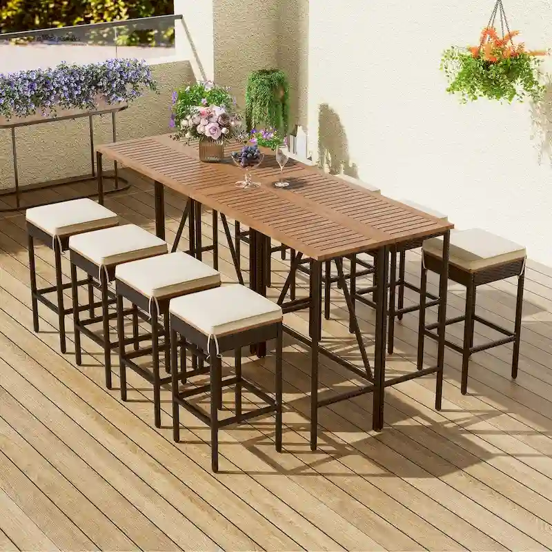 10-Piece Outdoor Bar Height Dining Set with Acacia Wood Table and 8 Stools