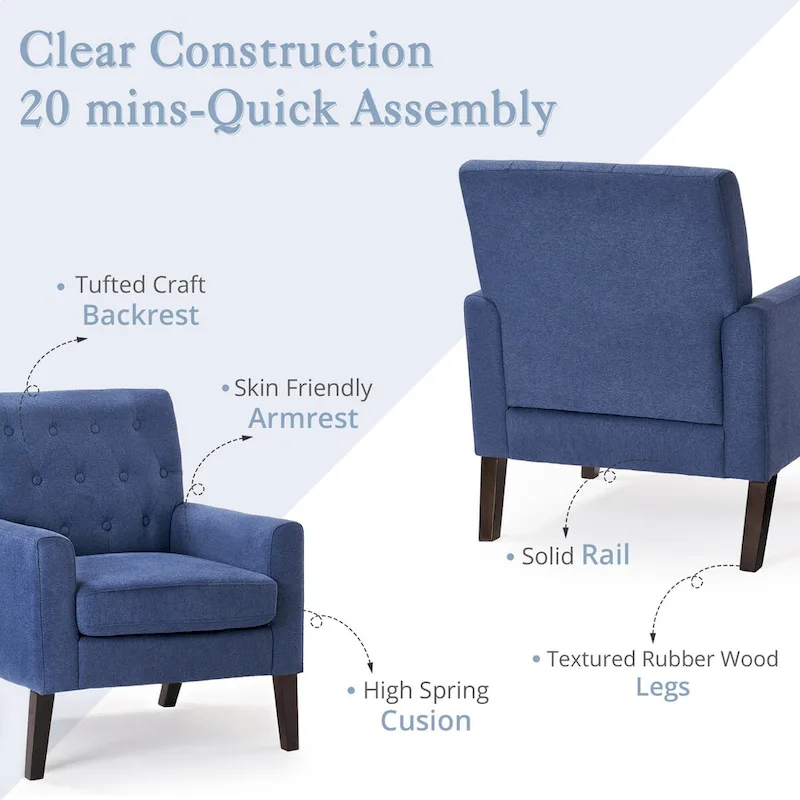 LUE BONA Linen Accent Chair Comfy Living Room Chair with Arms Upholstered Button Tufted Armchair Modern Arm Chairs Set Of 2