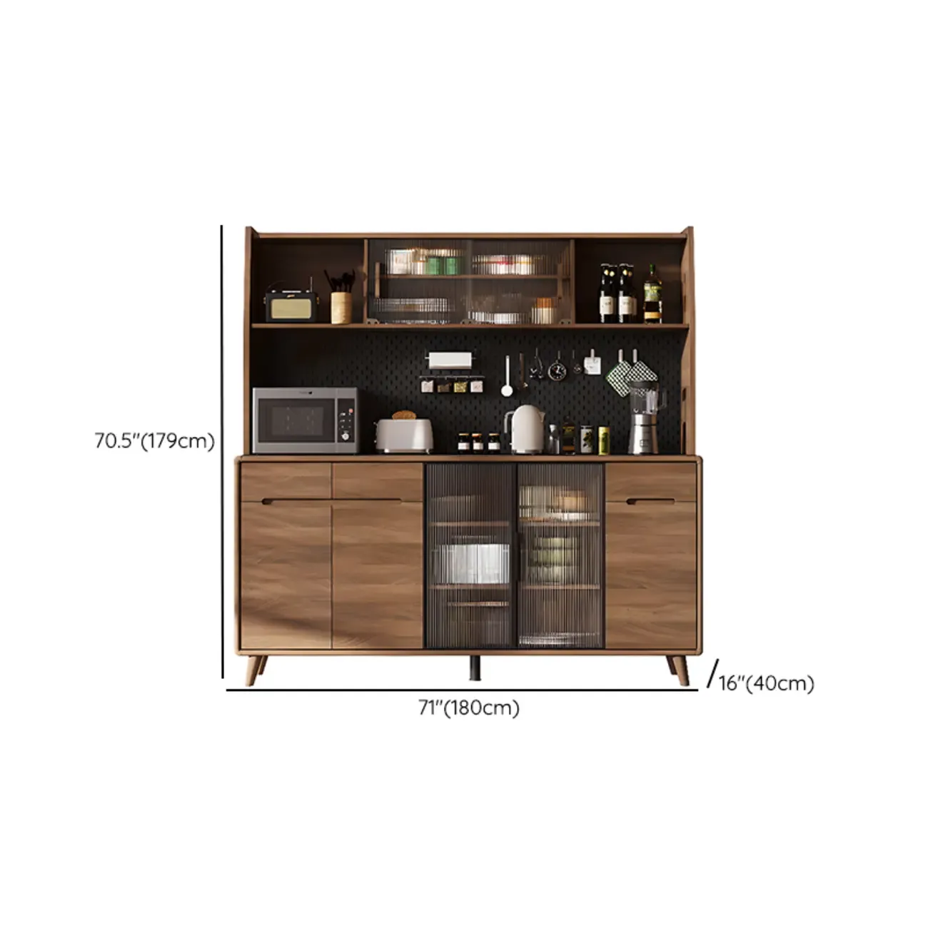 Kitchen Brown Wooden Hutch Top Sideboards with Pegboard Back