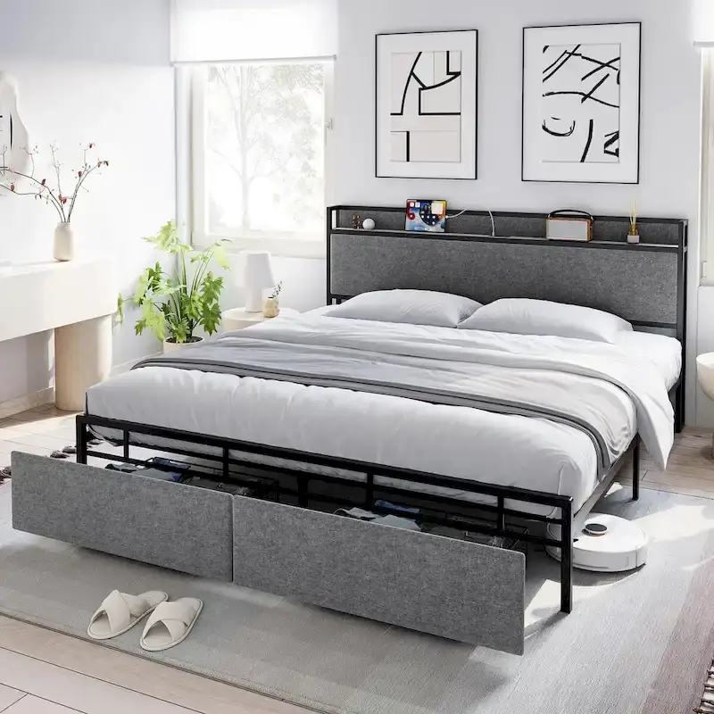 Grey King Platform Bed Frame with Storage Drawers & Charging Station, for 2