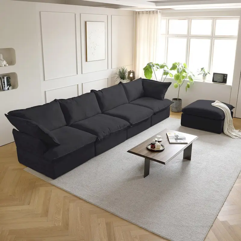 Gray Velvet L-Shape Sectional Sofa - 5 Seat