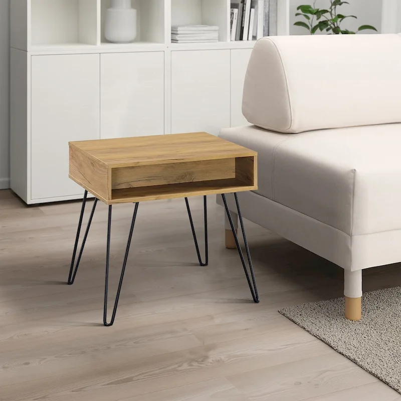 Modern Side Table - Golden Oak Wood, Black Hairpin Legs, Open Storage, 24W x 24H, 100 lbs