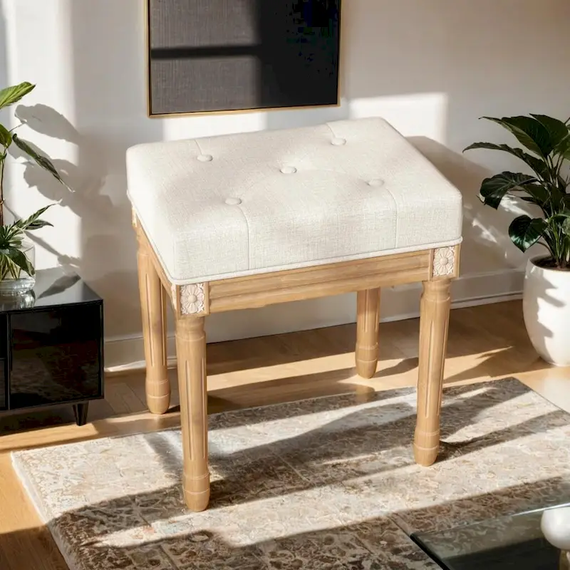 Button Tufted French Vintage Stool with Padded Seat Wood Frame