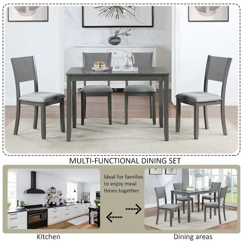 5 Pcs Kitchen Dining Table and Chair Set, Rectangular Wooden Dining Table with 4 Upholstered High Back Chairs and 1 Bench