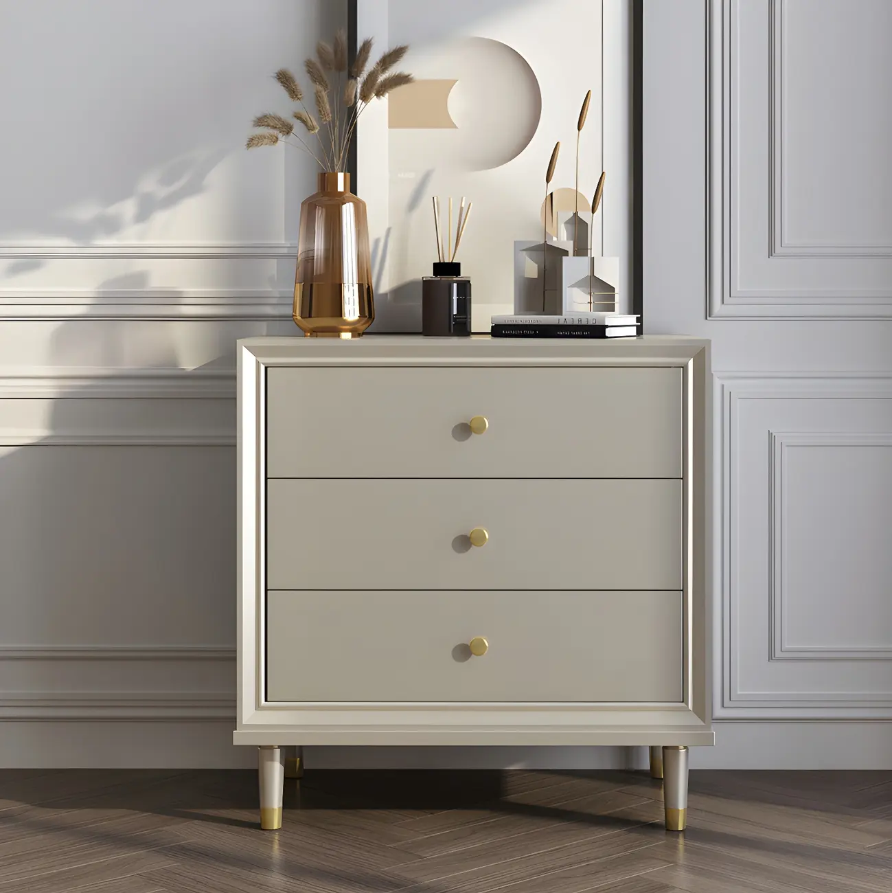 Modern Wooden Dresser with Gold Handles for Bedroom