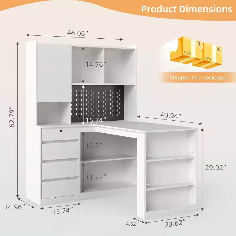 MooxvMoo L Shaped Wooden Right Desk w/ Charging Station, LED Light, Drawers and Bookshelf, Modern Corner Computer Table for Home Office Gaming, White