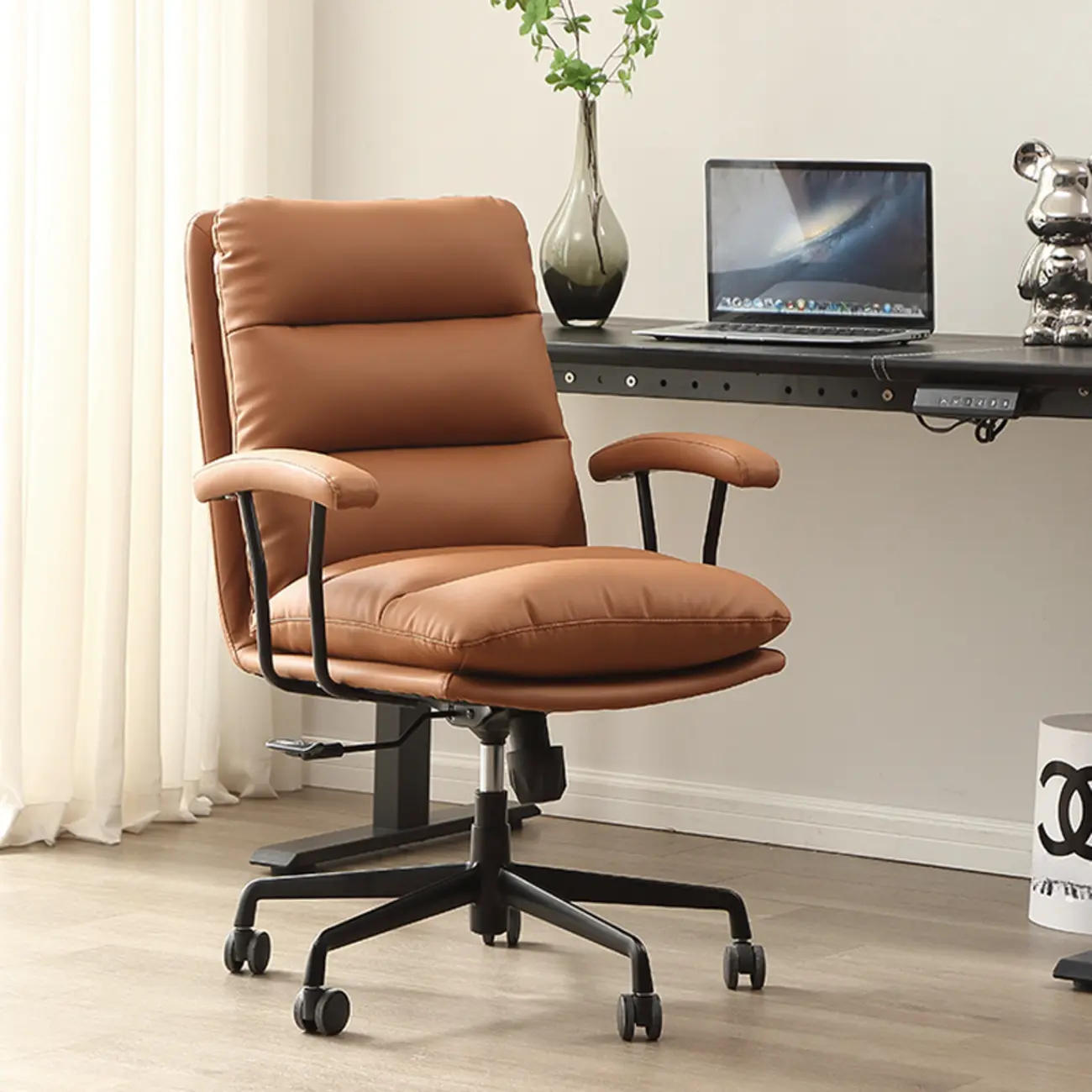 Modern Brown Leather Swivel Office Chair