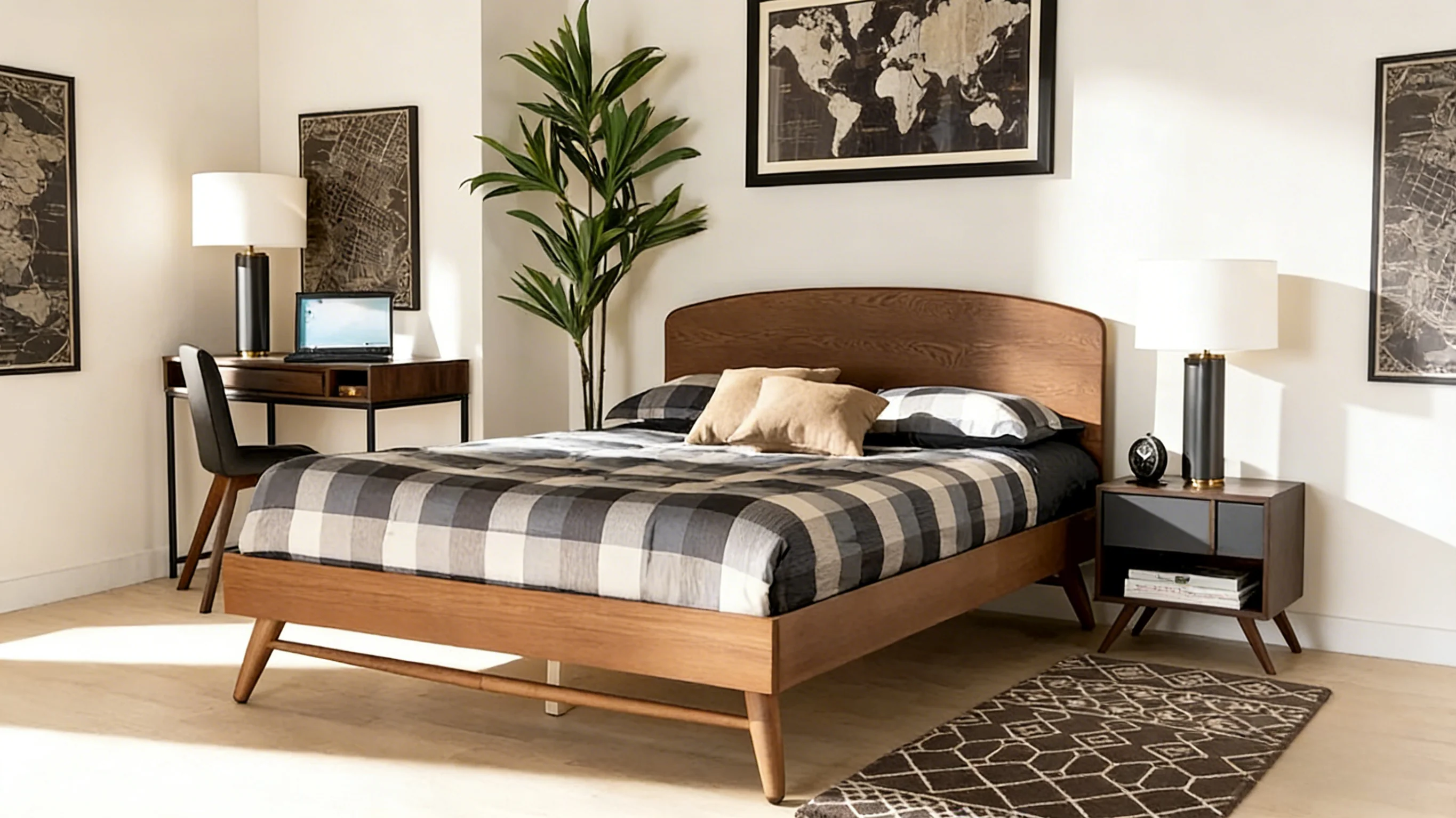 Walnut Brown Full Size Platform Bed with Curved Headboard