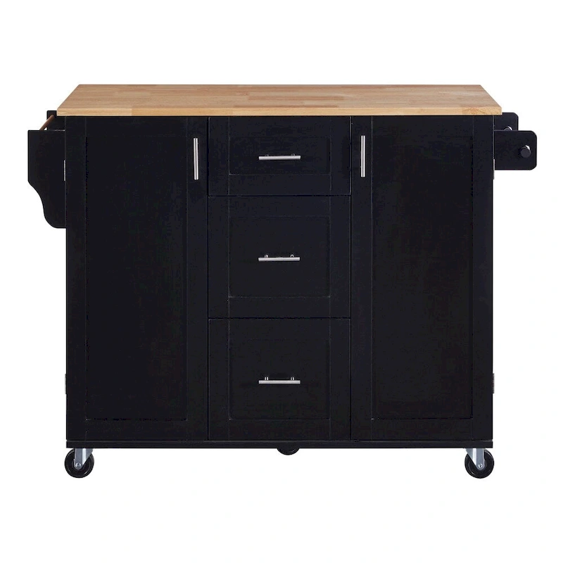 50 in. W Kitchen Island Rubberwood Top on 5 Wheels with 3 Drawers and 2 Slide-Out Shelf