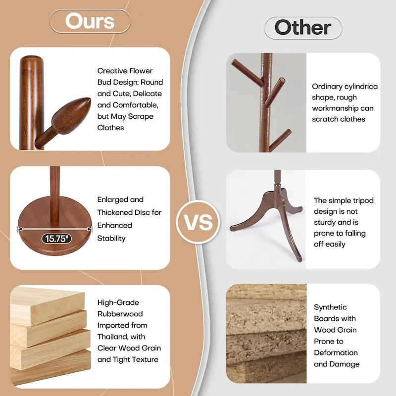 Rubberwood Freestanding Coat Rack, Coat Tree with 8 Bud-shaped Hooks - 15.75Dia. x 72.44H