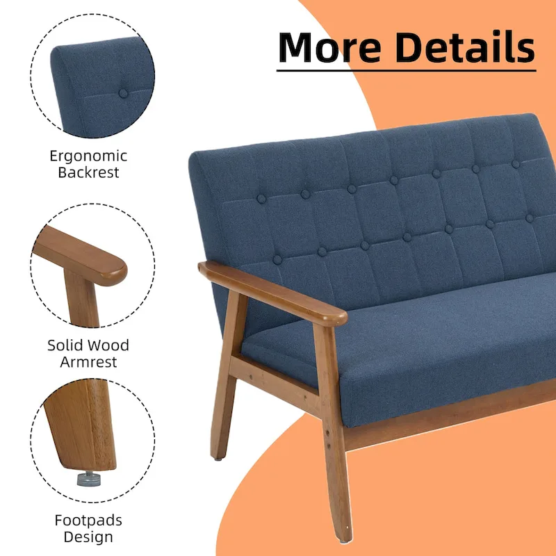 Mid-Century Linen/PU Upholstered Wood Frame Tufted Loveseat Sofa