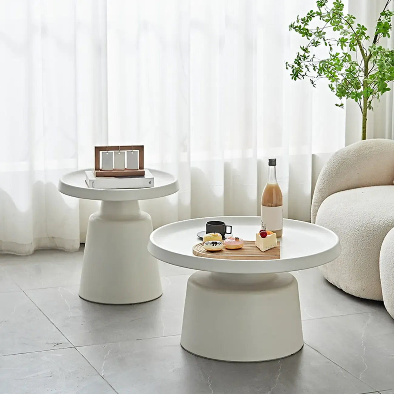 White Round Metal End Table with Tray Top for Living Room