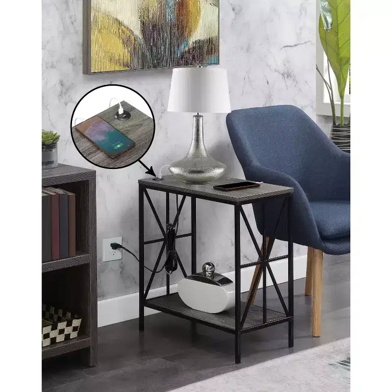 HomeStock Belmont Chairside End Table with Charging Station and Shelf, Two USB Ports, Stylish Crisscross Frame Accent Table for Bedroom Dcor