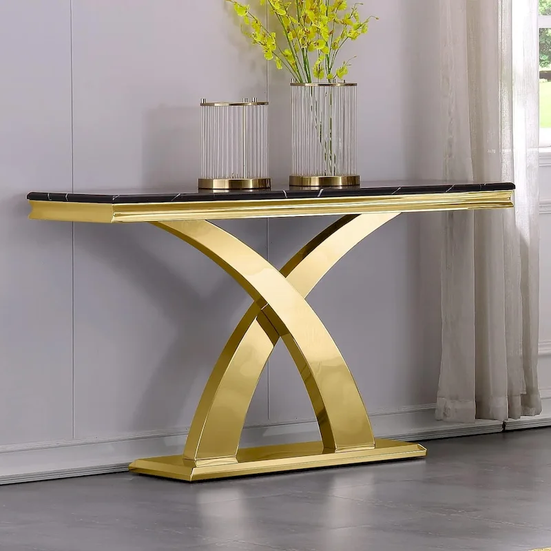 50 inch Rectangle Console Table with Luxurious Stainless Steel X Base and High Gloss Top