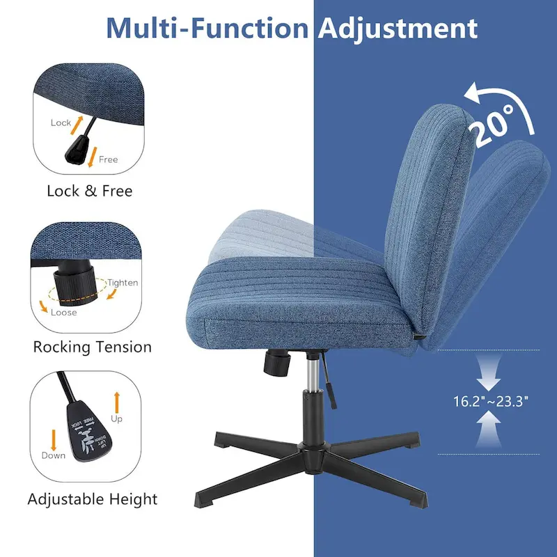 Criss Cross Legged Office, Wide Comfty Desk, Wheels Armless Computer Task, Swivel Vanity Home Chair, Height Adjustable