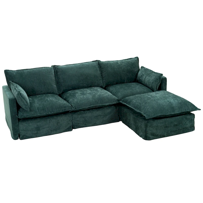 93.31 Faux Linen Modular Sectional Sofa with Movable Ottoman, Solid Wood Frame, and High-Resilience Foam Cushions