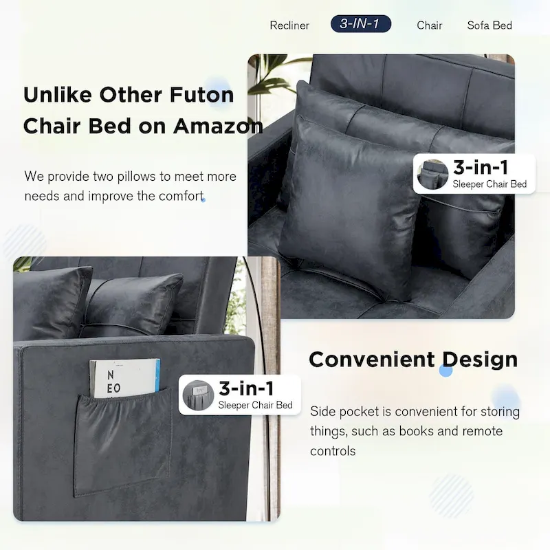 AECOJOY Adjustable Sleeper Chair Bed 3-in-1 Convertible Futon Sofa