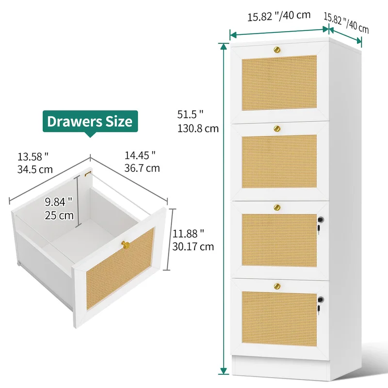 Moasis 15-inch Deep 4 Drawers Rattan Vertical File Cabinet with Lock