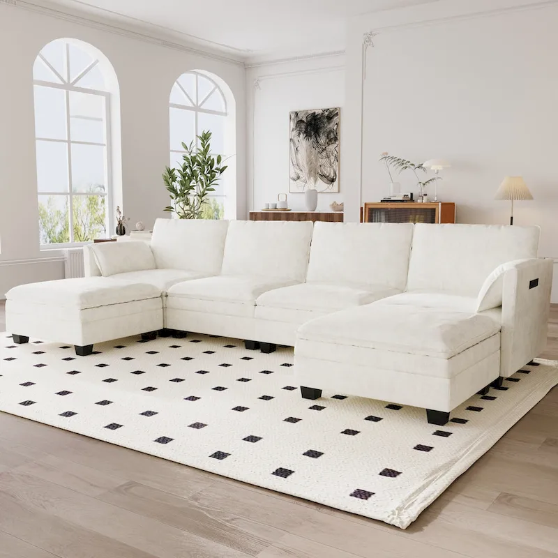 Christopher Knight Home - Noah 141.5 U-Shaped 6-Seater Sofa Couch with Movable Ottoman and Armrest Pockets, Fabric Upholstery