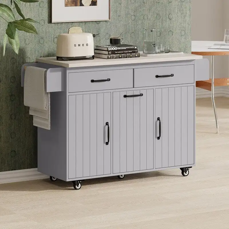 Rolling Kitchen Island with Trash Can, Kitchen Cart with Drop Leaf, Adjustable Shelf