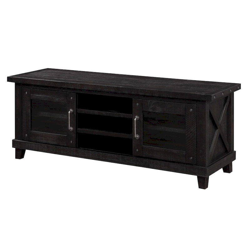 Three Open Shelves Entertainment Center with Exposed Bolts and Cross Bracing, Brown