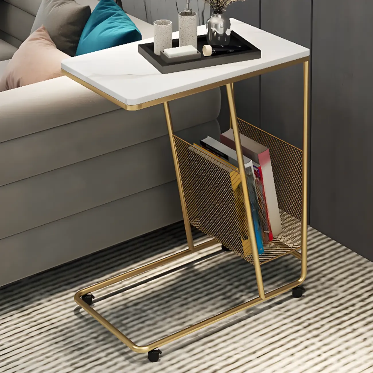 Metal C-Shaped Marble Top End Table with Magazine Rack