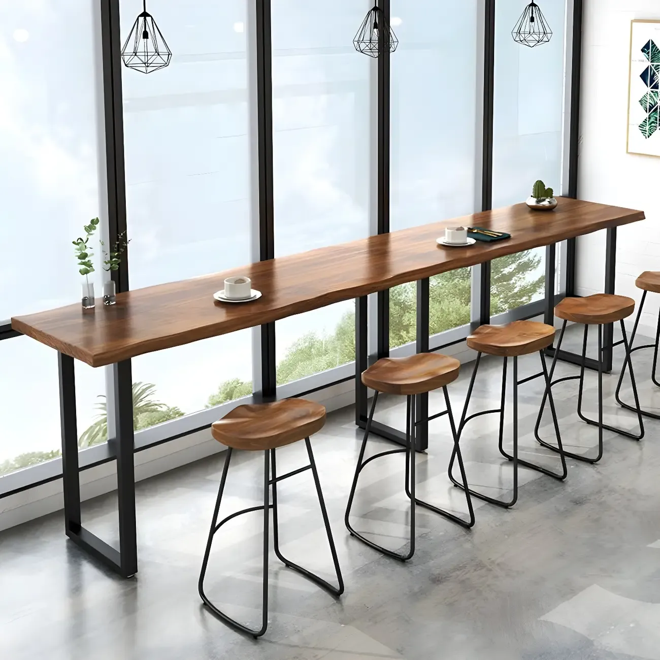 Pine Wood Rectangular Metal Base Bar Table Brown