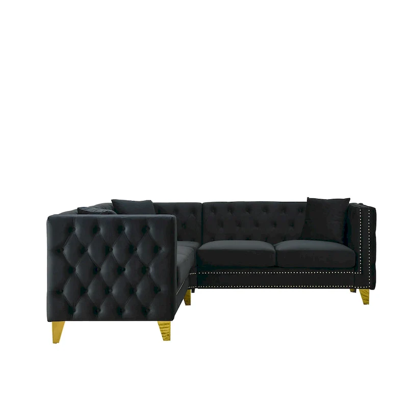 Black Velvet Chesterfield 5-Seater L-Shaped Sectional Sofa