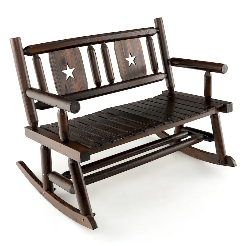Gymax Outdoor Carbonized Wood Rocking Bench Double Rocking Chair for 2