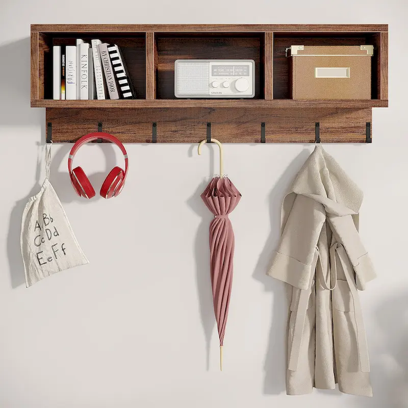 Industrial Entryway Shoe Bench and Wall-Mounted Coat Rack Set, Rustic Brown