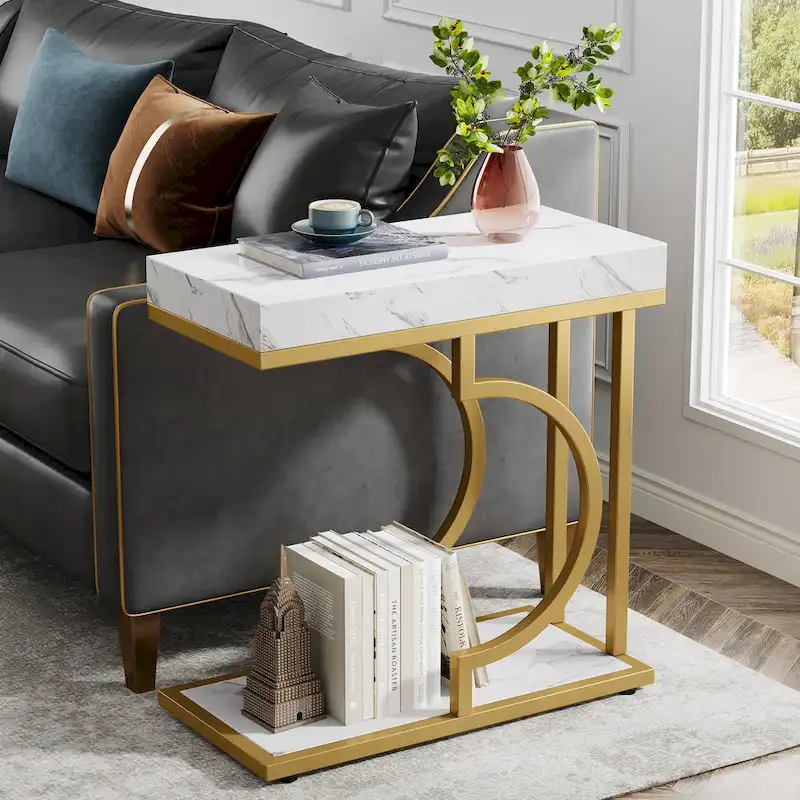 Narrow Side Table White Gold Side Table C Shaped End Table Modern Bedside Table