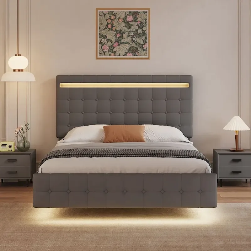 Floating Bed Frame Queen Size with LED Lights, Upholstered Headboard and Footboard Platform Bed