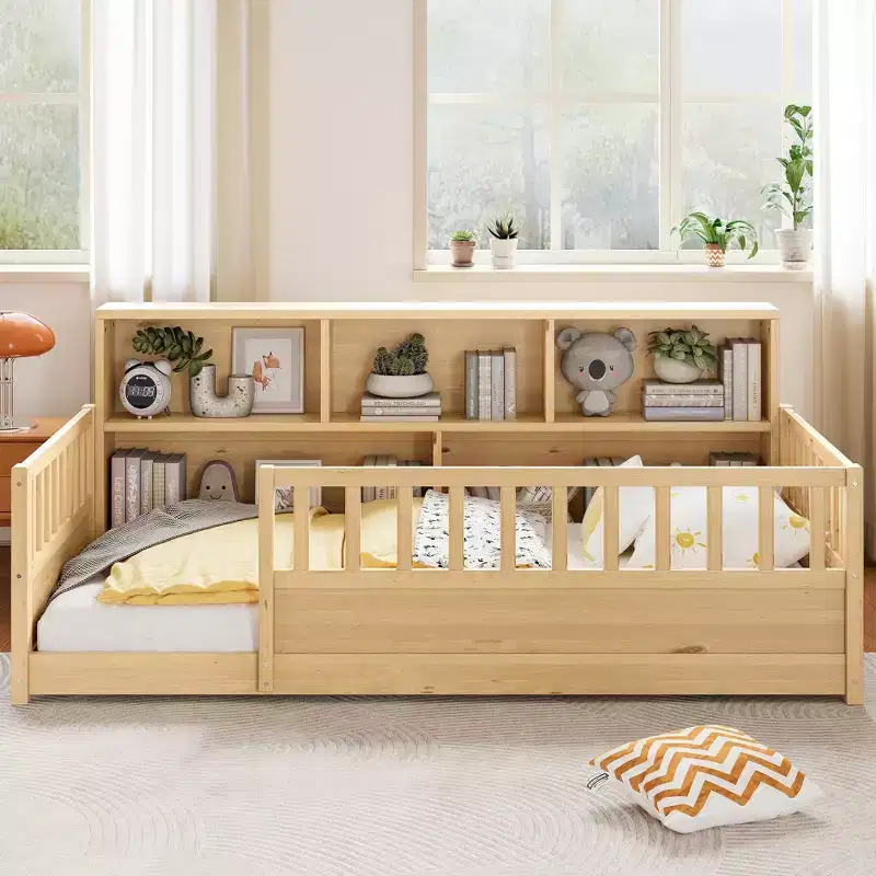 Wood Montessori Floor Bed with 21.4'' Fence-Style Guardrails & 5 Storage Shelves, Kids Bed Frame for Bedroom