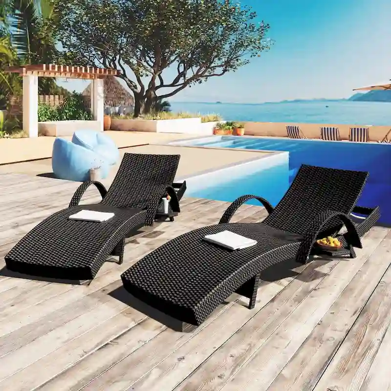 80 Wicker Chaise Lounge Chairs Set of 2,Patio Rattan Reclining Chair Pull-out Side Table Adjustable Backrest Ergonomic