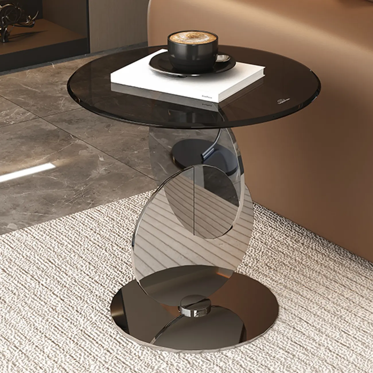 Modern Round Glass Top Stainless Pedestal Side Table