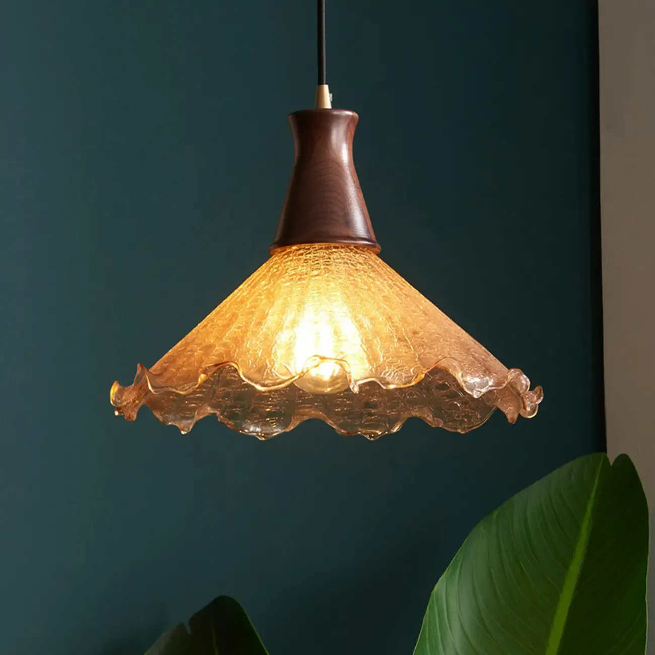 Vintage Wood Floral Amber Crackle Glass Pendant Light