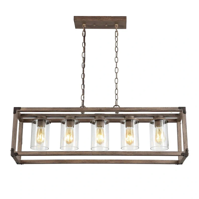 Darlene 36  5-Light Linear Adjustable Iron/Seeded Glass Rustic Farmhouse LED Pendant, Brown by JONATHAN Y